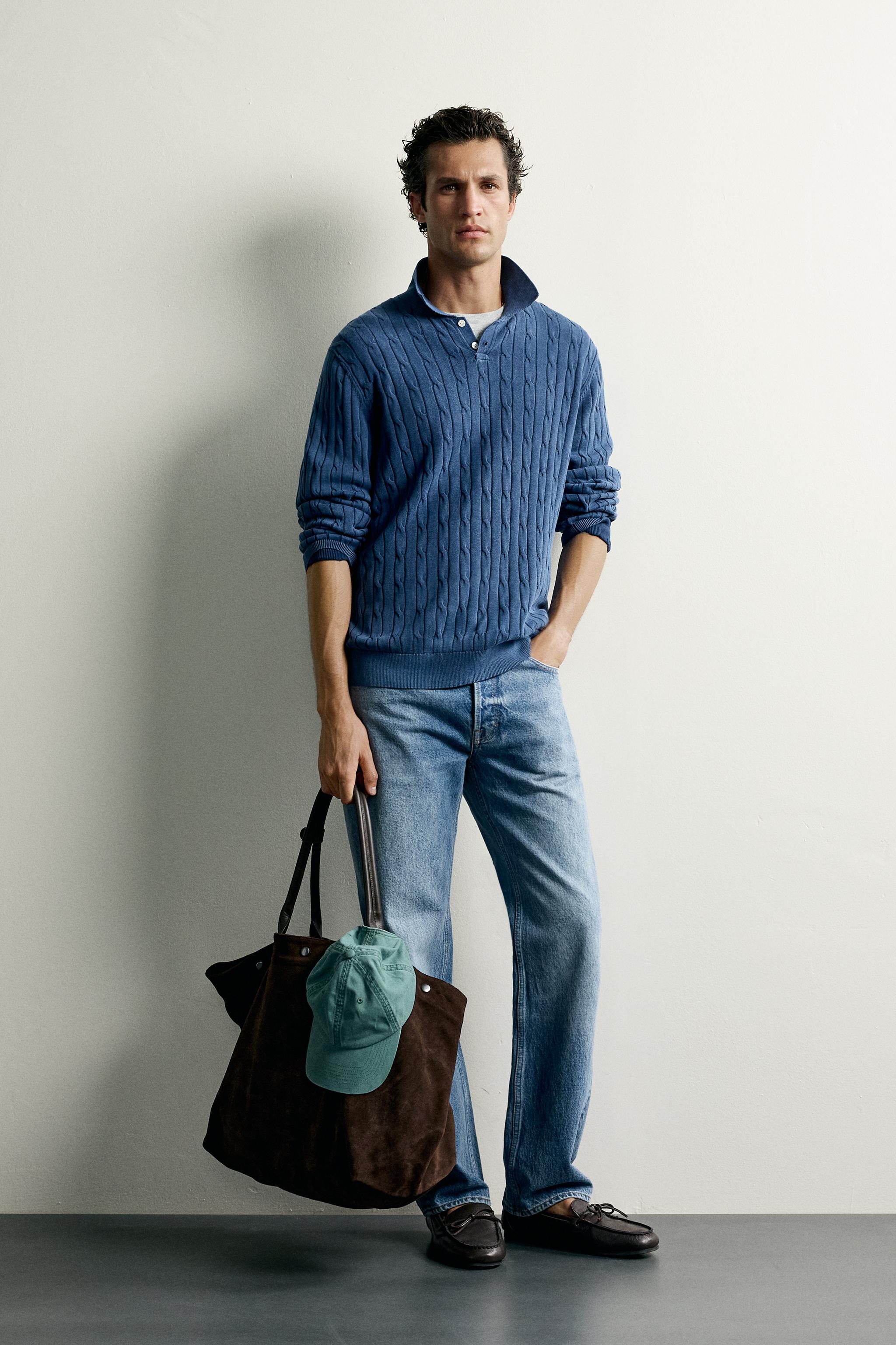 WASHED EFFECT CABLE KNIT POLO SHIRT